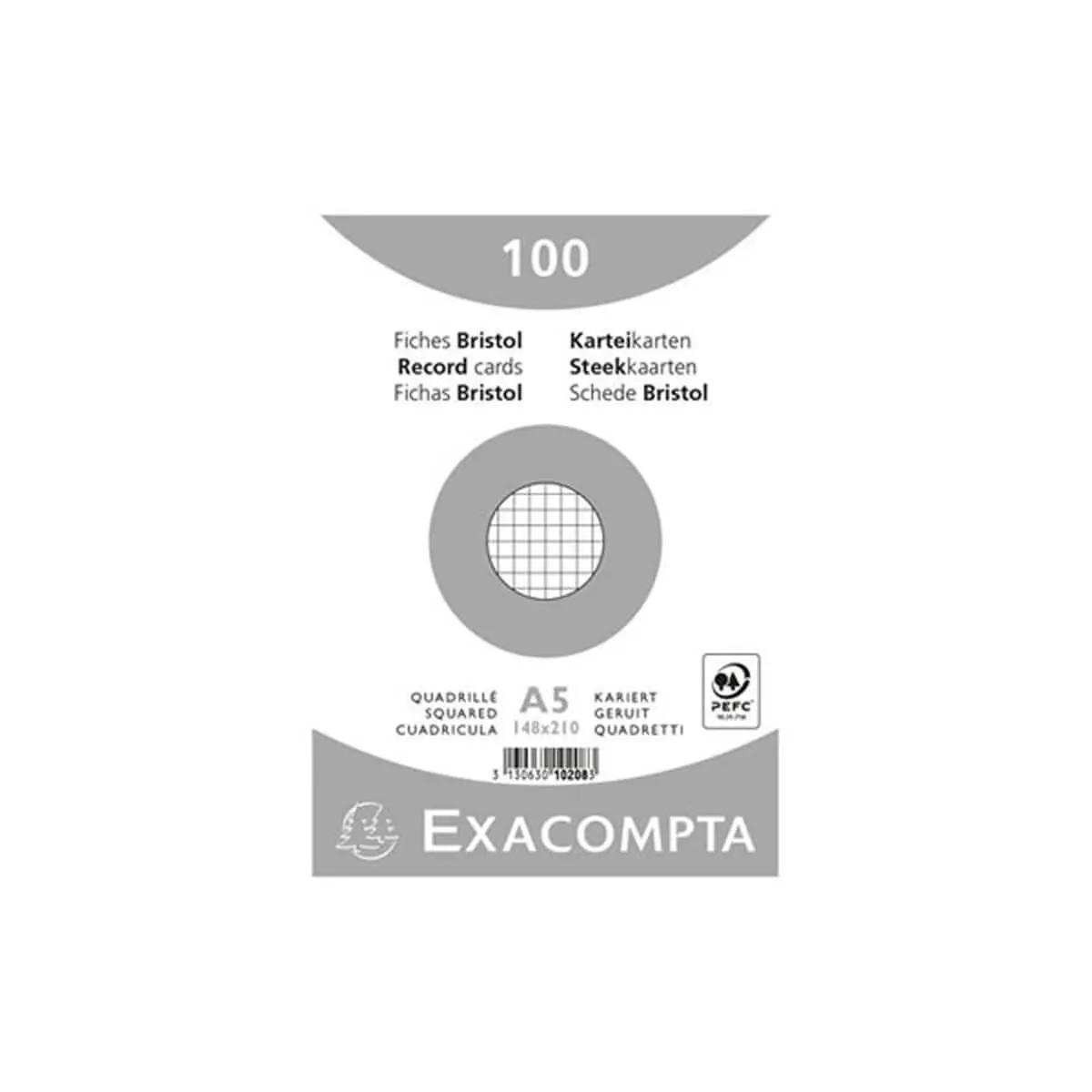 Paquet 100 fiches sous film - bristol quadrillé 5x5 non perforé 148x210mm - Blanc - EXACOMPTA photo du produit