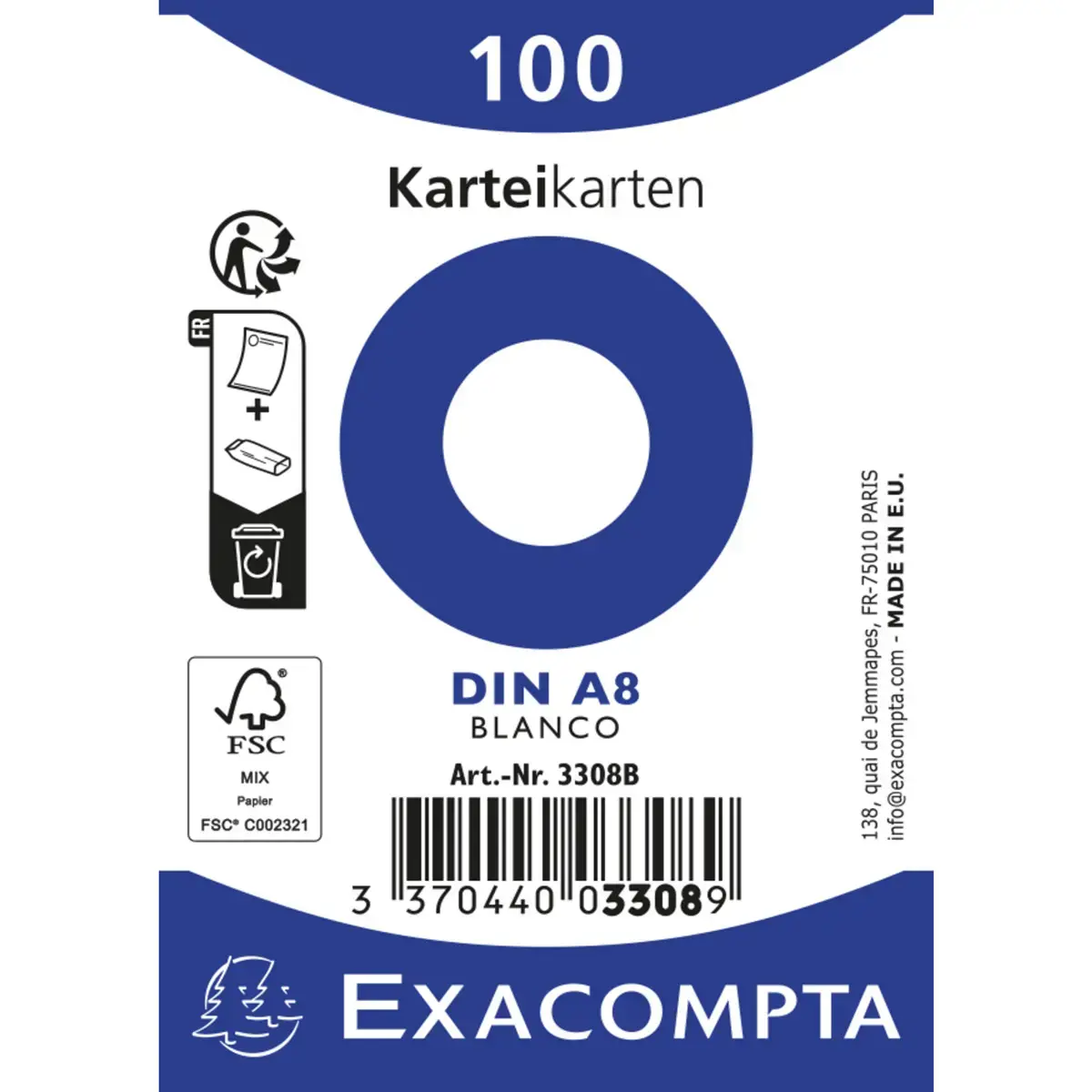 Paquet 100 fiches sous film - bristol uni non perforé 55x74mm - Blanc - EXACOMPTA photo du produit