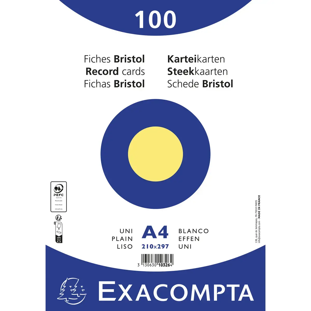 Paquet 100 fiches sous film - bristol uni non perforé 210x297mm - Jaune - EXACOMPTA photo du produit