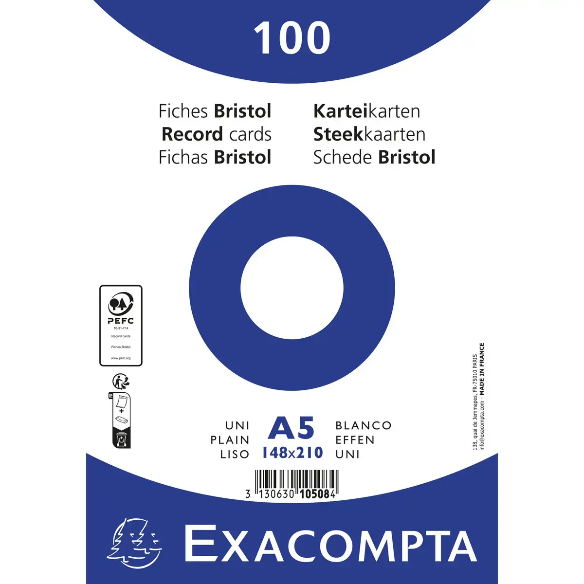 Paquet 100 fiches sous film - bristol uni non perfor&eacute; 148x210mm - Blanc - EXACOMPTA photo du produit