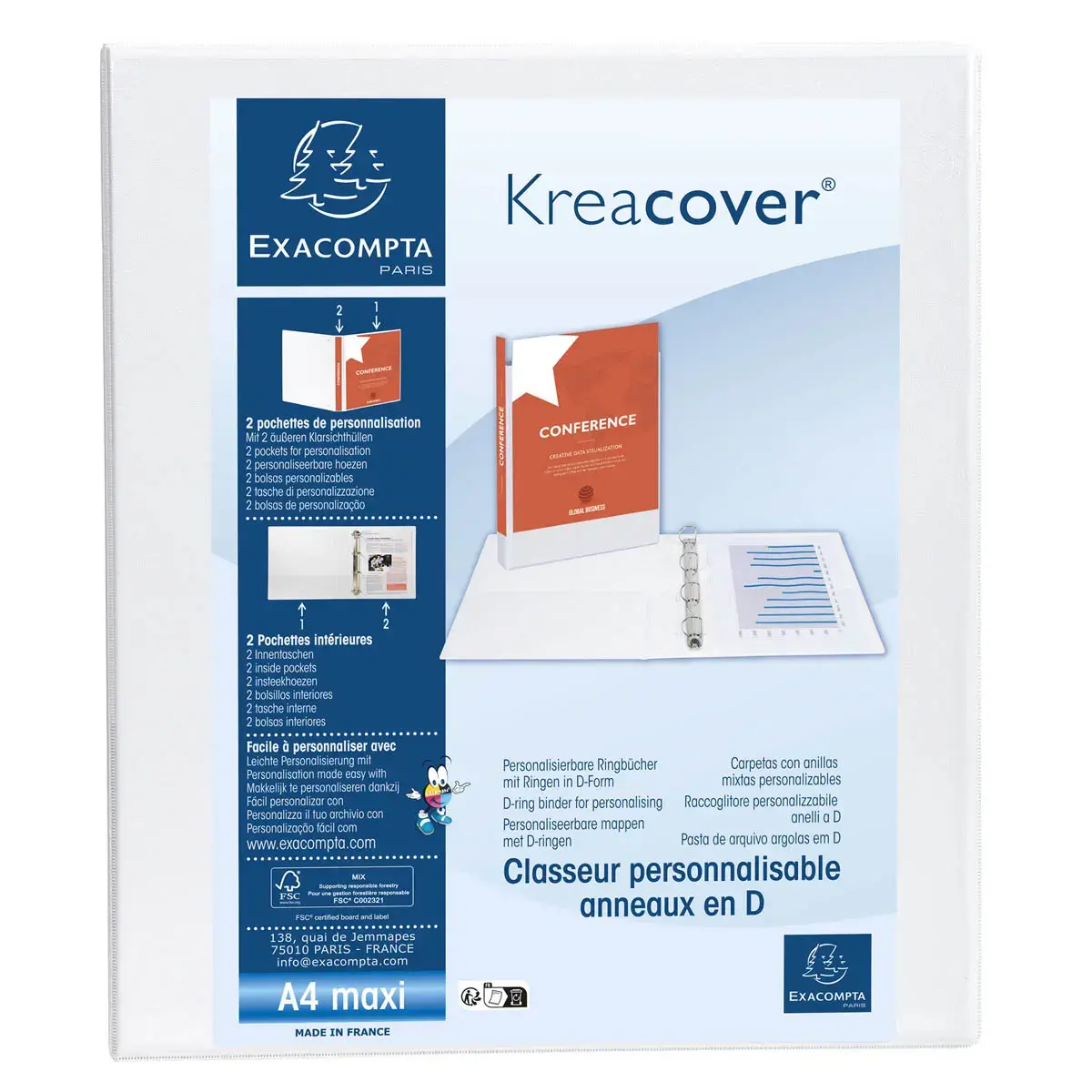 Classeur PP personnalisable Kreacover - 2 anneaux en D 15mm - A4 maxi - Blanc - EXACOMPTA photo du produit