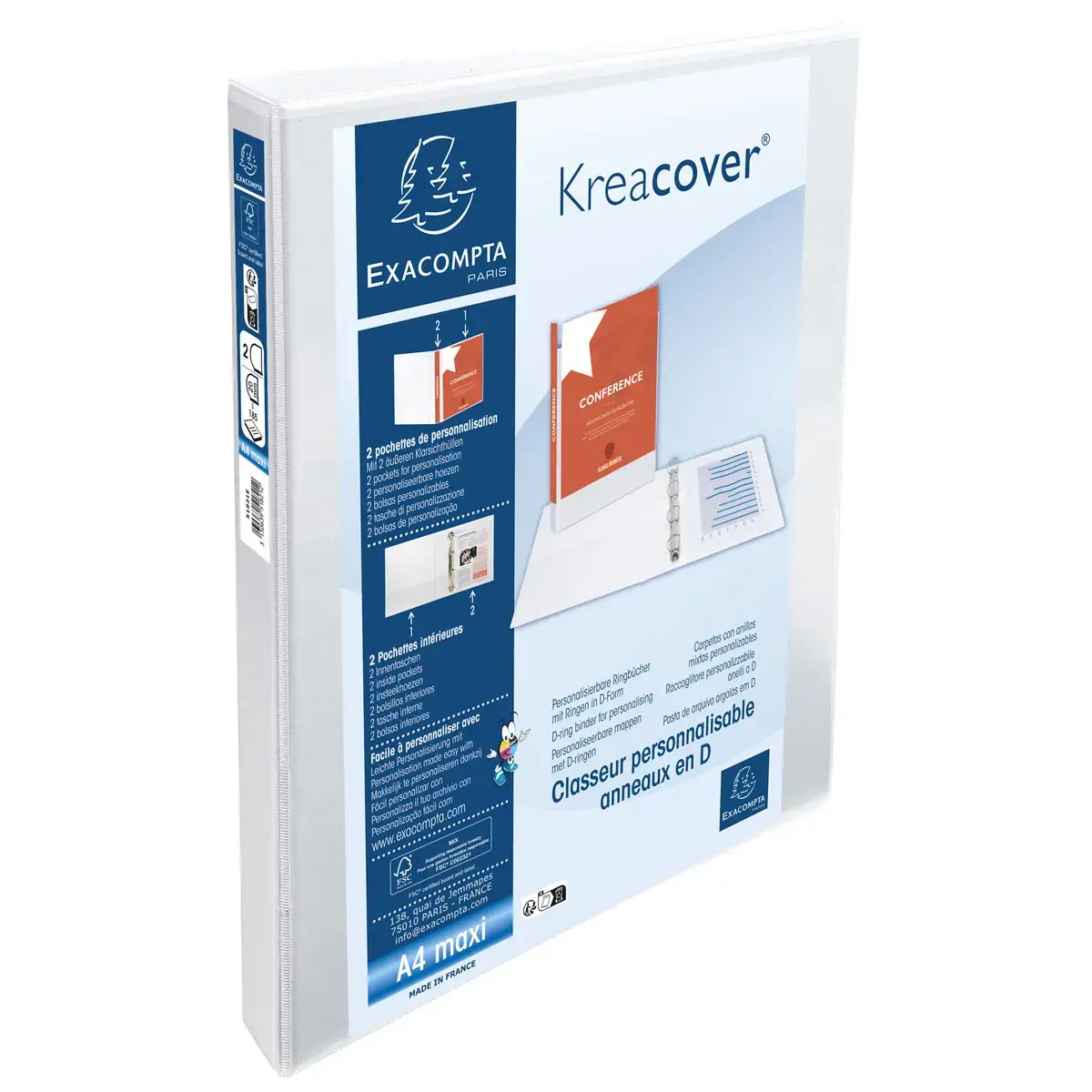 Classeur PP personnalisable Kreacover - 2 anneaux en D 20mm - A4 maxi - Blanc - EXACOMPTA photo du produit