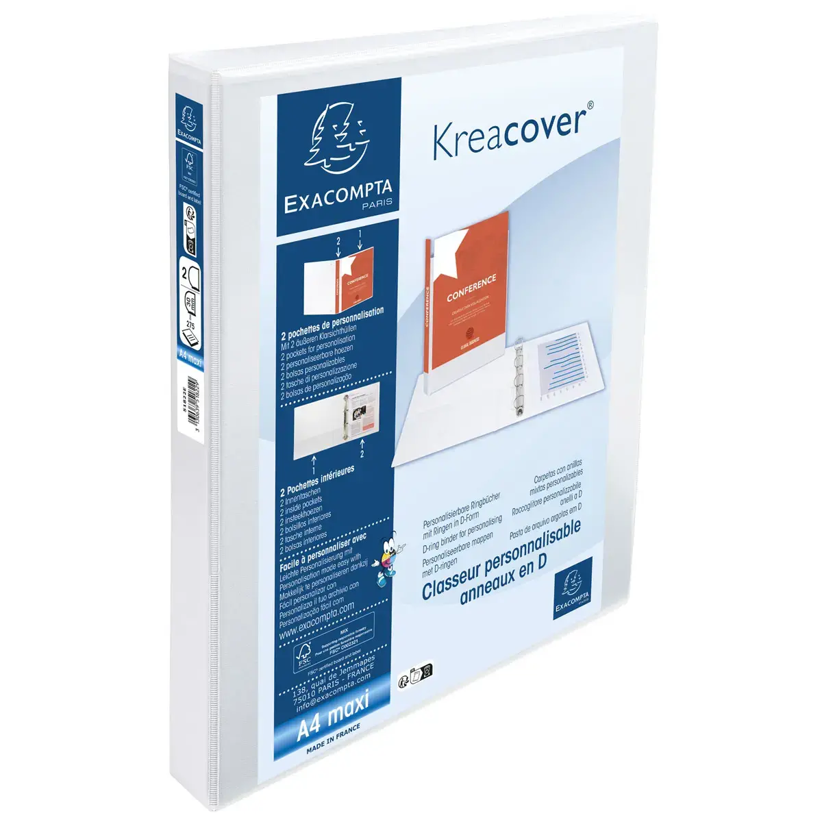 Classeur PP personnalisable Kreacover - 2 anneaux en D 30mm - A4 maxi - Blanc - EXACOMPTA photo du produit