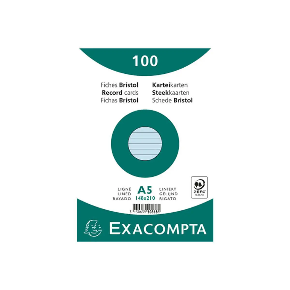 Paquet 100 fiches sous film - bristol lign&eacute; non perfor&eacute; 148x210mm - Azur - EXACOMPTA photo du produit