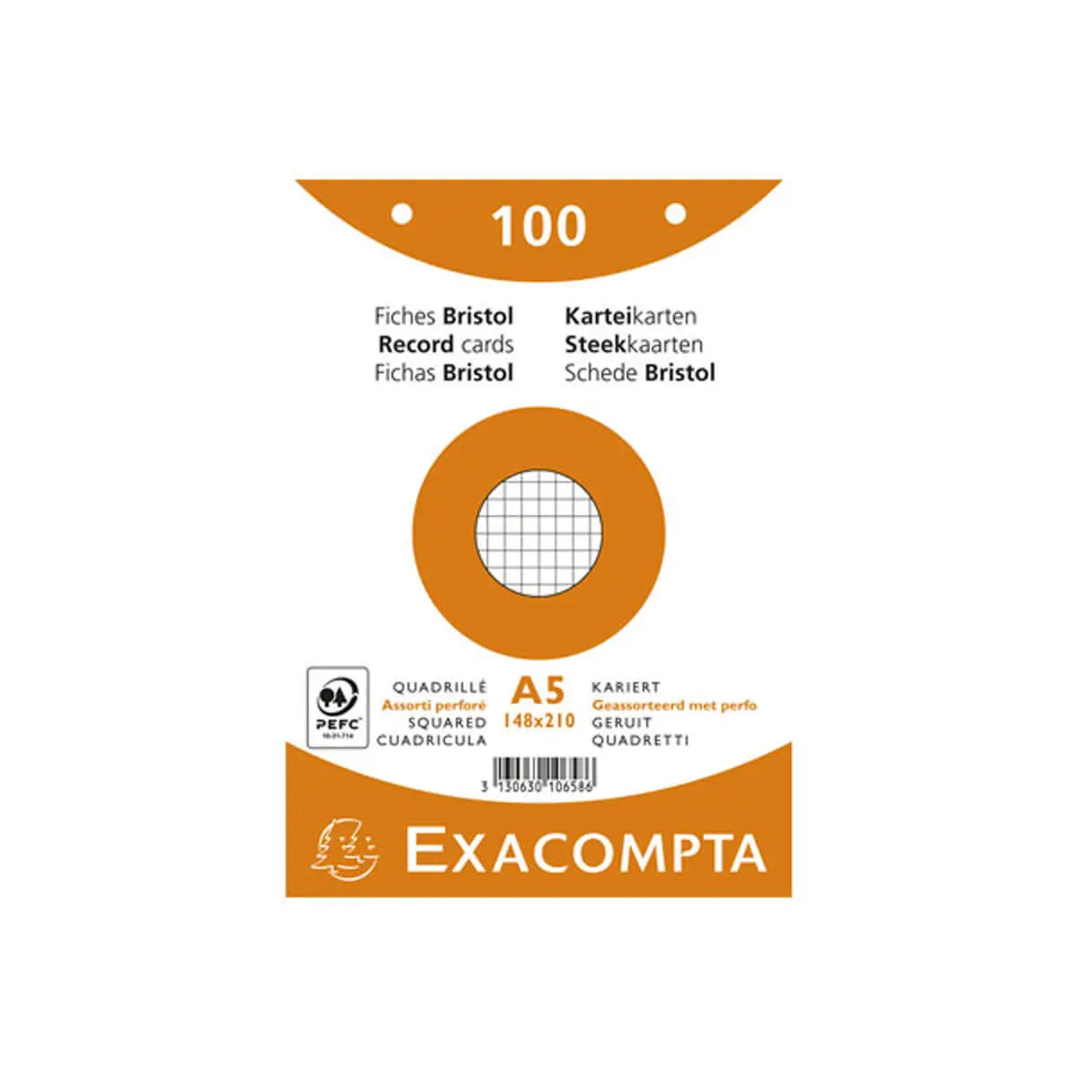 Paquet 100 fiches sous film - bristol quadrill&eacute; 5x5 perfor&eacute; - 148x210mm - Couleurs assorties - EXACOMPTA photo du produit