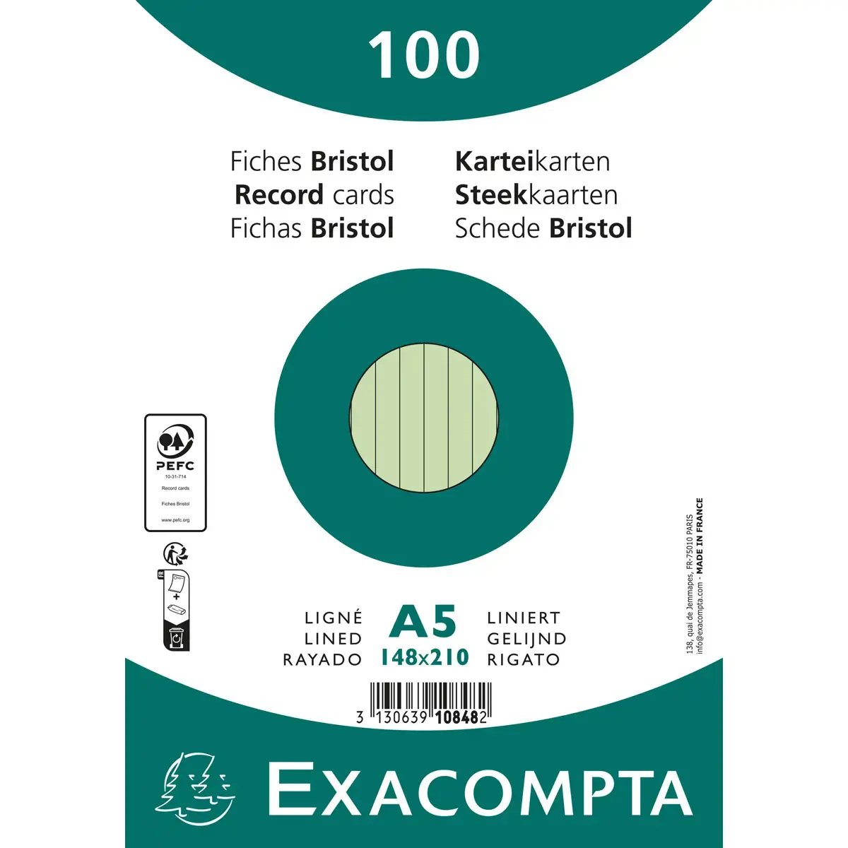 Paquet 100 fiches sous film - bristol lign&eacute; non perfor&eacute; 148x210mm - Vert - EXACOMPTA photo du produit