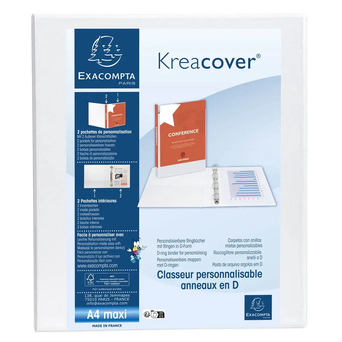 Classeur PP personnalisable Kreacover - 4 anneaux en D 25mm - A4 maxi - Blanc - EXACOMPTA photo du produit