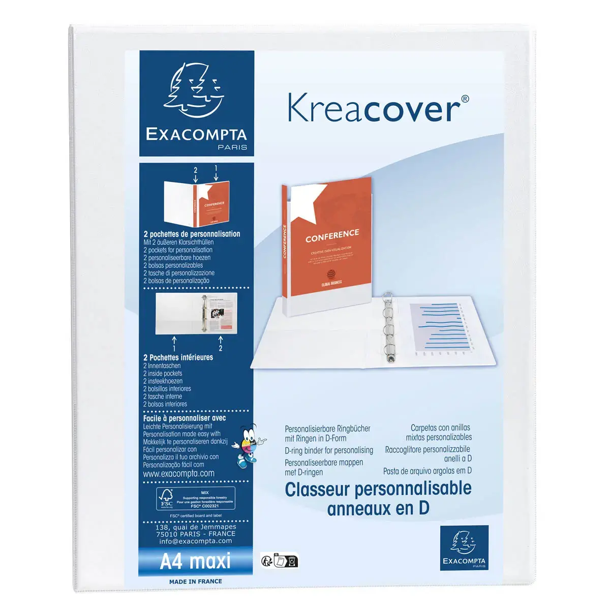 Classeur PP personnalisable Kreacover - 4 anneaux en D 20mm - A4 maxi - Blanc - EXACOMPTA photo du produit