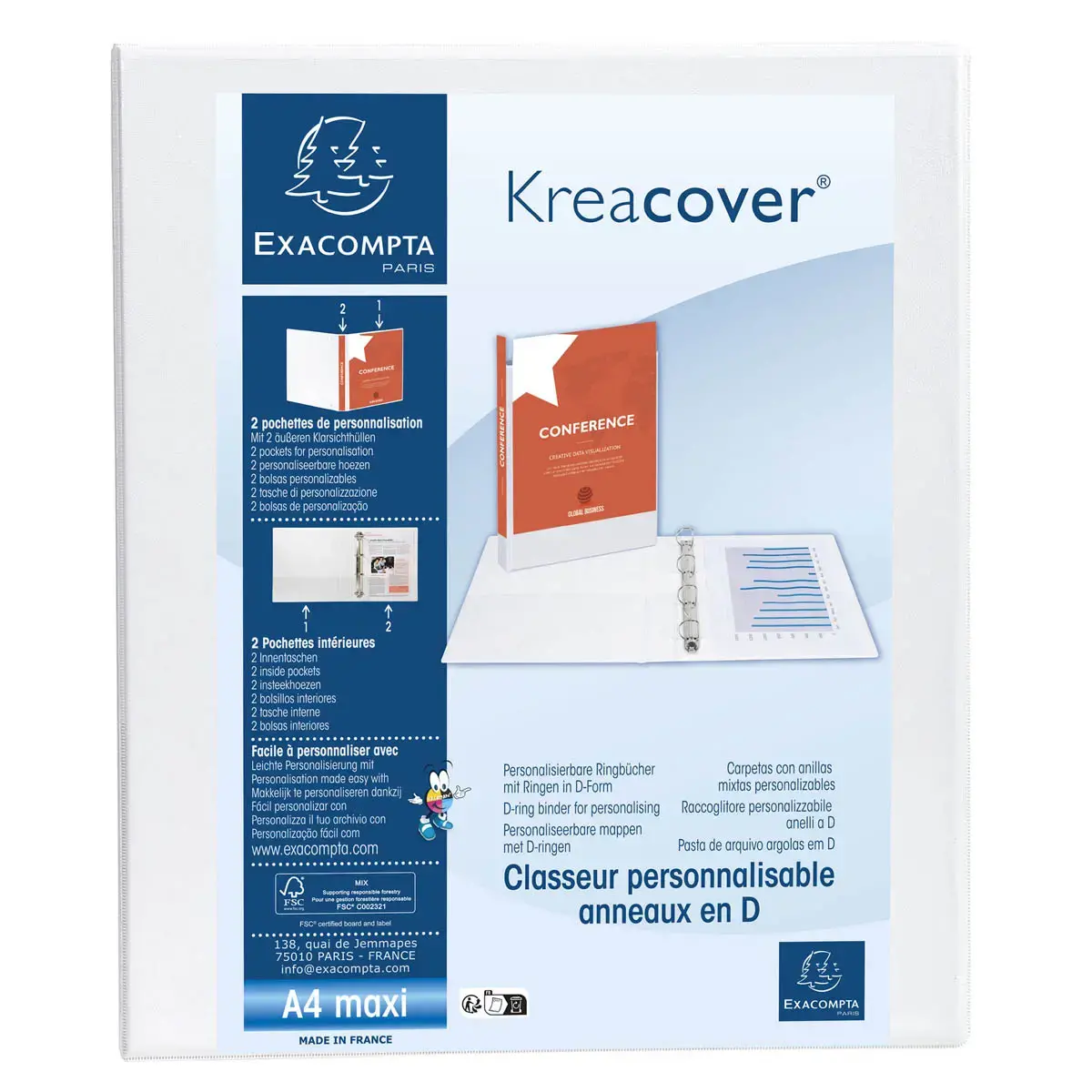 Classeur personnalisable rigide 2 poches KreaCover&reg; - 4 anneaux en D 30mm - A4 maxi - Blanc - EXACOMPTA photo du produit