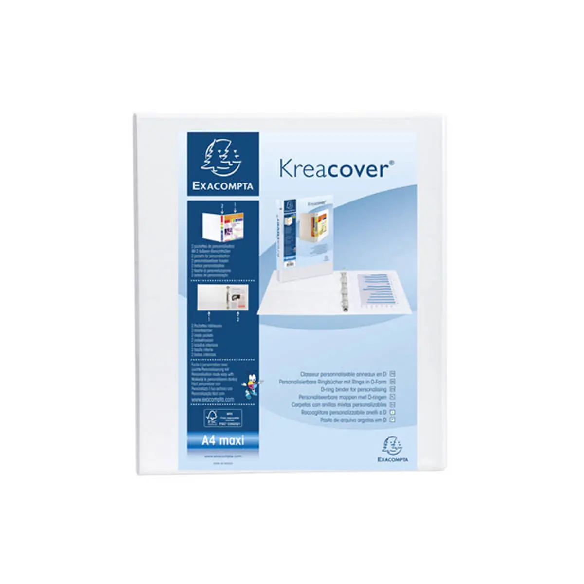 Classeur personnalisable rigide 2 poches KreaCover® - 4 anneaux en D 40mm - A4 maxi - Blanc - EXACOMPTA photo du produit