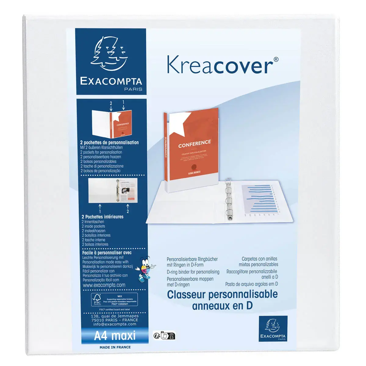 Classeur PP personnalisable Kreacover - 2 anneaux en D 60mm - A4 maxi - Blanc - EXACOMPTA photo du produit