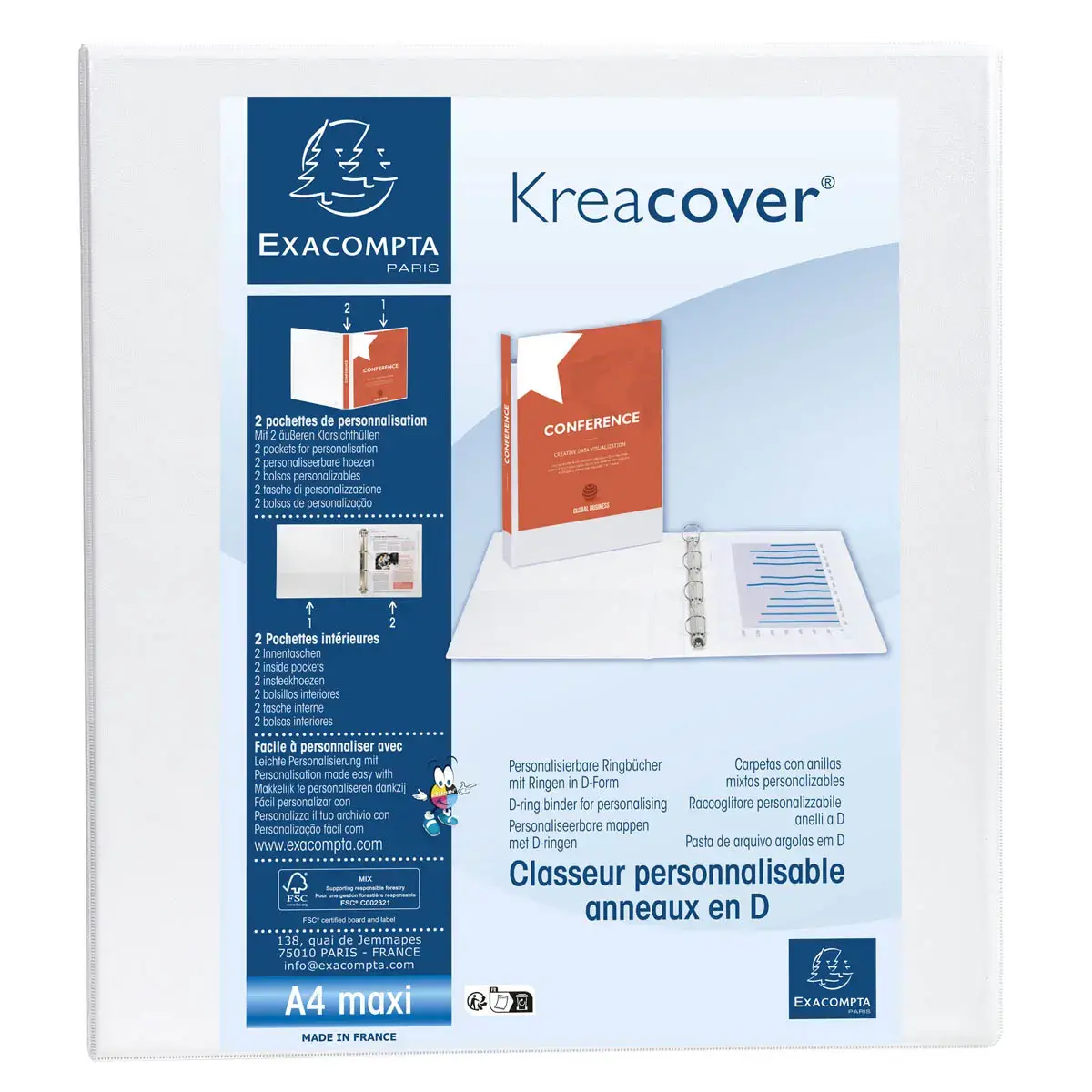 Classeur PP personnalisable Kreacover - 4 anneaux en D 50mm - A4 maxi - Blanc - EXACOMPTA photo du produit