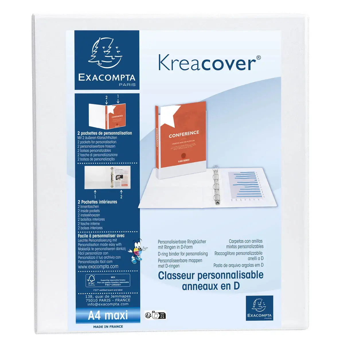 Classeur PP personnalisable Kreacover - 4 anneaux en D 15mm - A4 maxi - Blanc - EXACOMPTA photo du produit