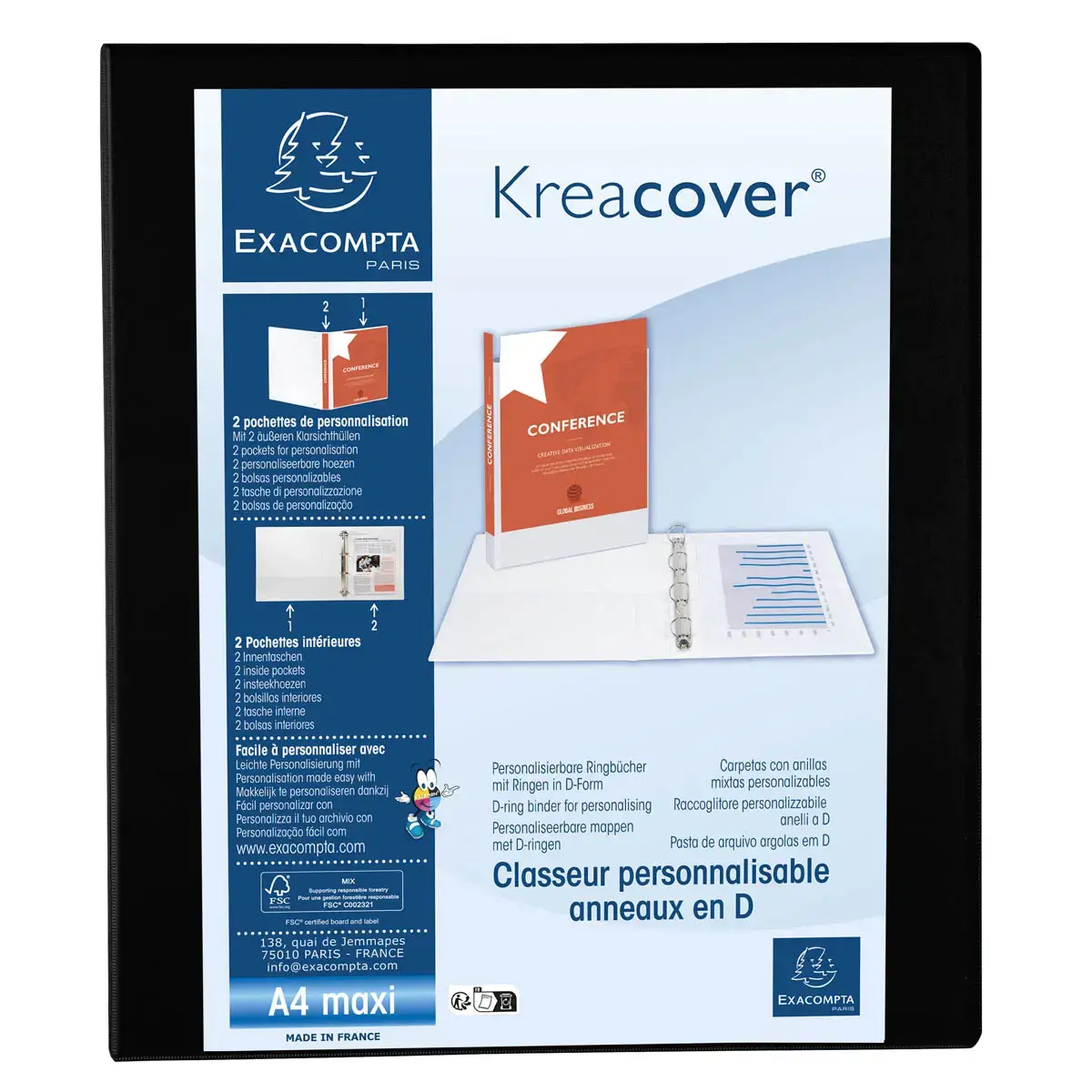 Classeur PP personnalisable Kreacover - 4 anneaux en D 30mm - A4 maxi - Noir - EXACOMPTA photo du produit