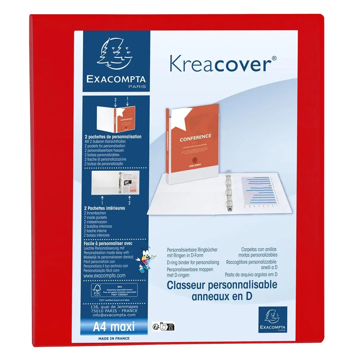 Classeur PP personnalisable Kreacover - 4 anneaux en D 40mm - A4 maxi - Rouge - EXACOMPTA photo du produit