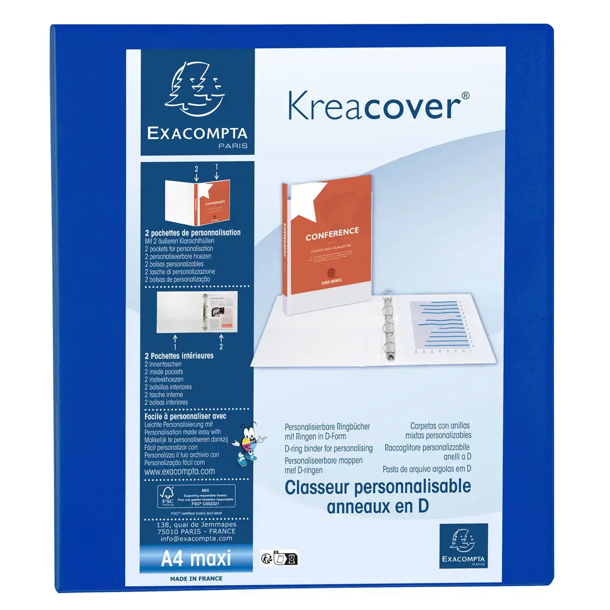 Classeur PP personnalisable Kreacover - 4 anneaux en D 50mm - A4 maxi - Bleu - EXACOMPTA photo du produit