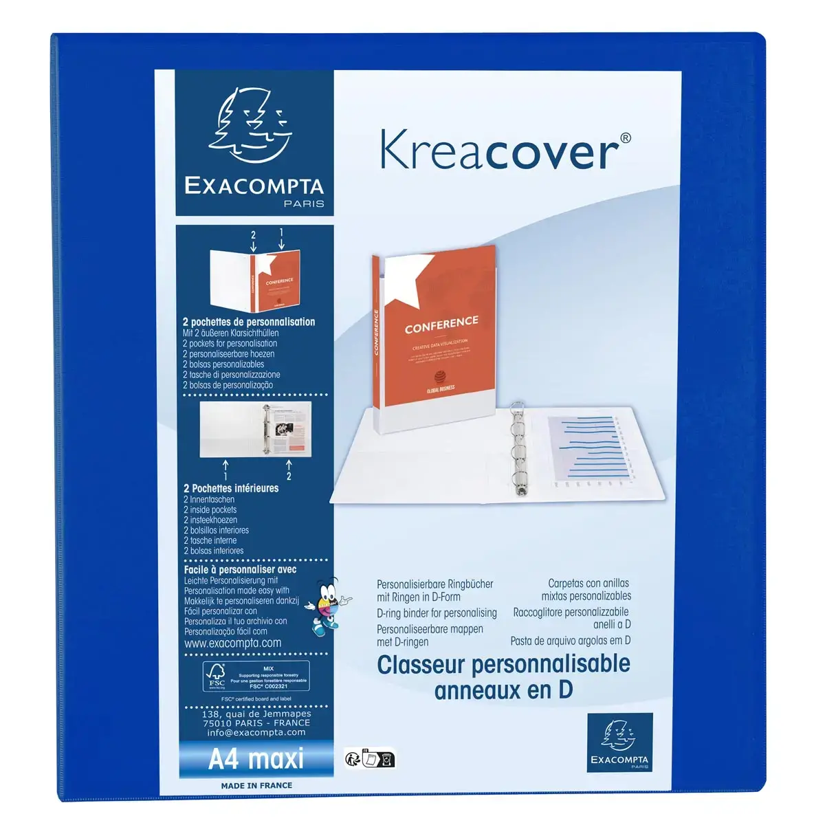 Classeur PP personnalisable Kreacover - 4 anneaux en D 60mm - A4 maxi - Bleu - EXACOMPTA photo du produit