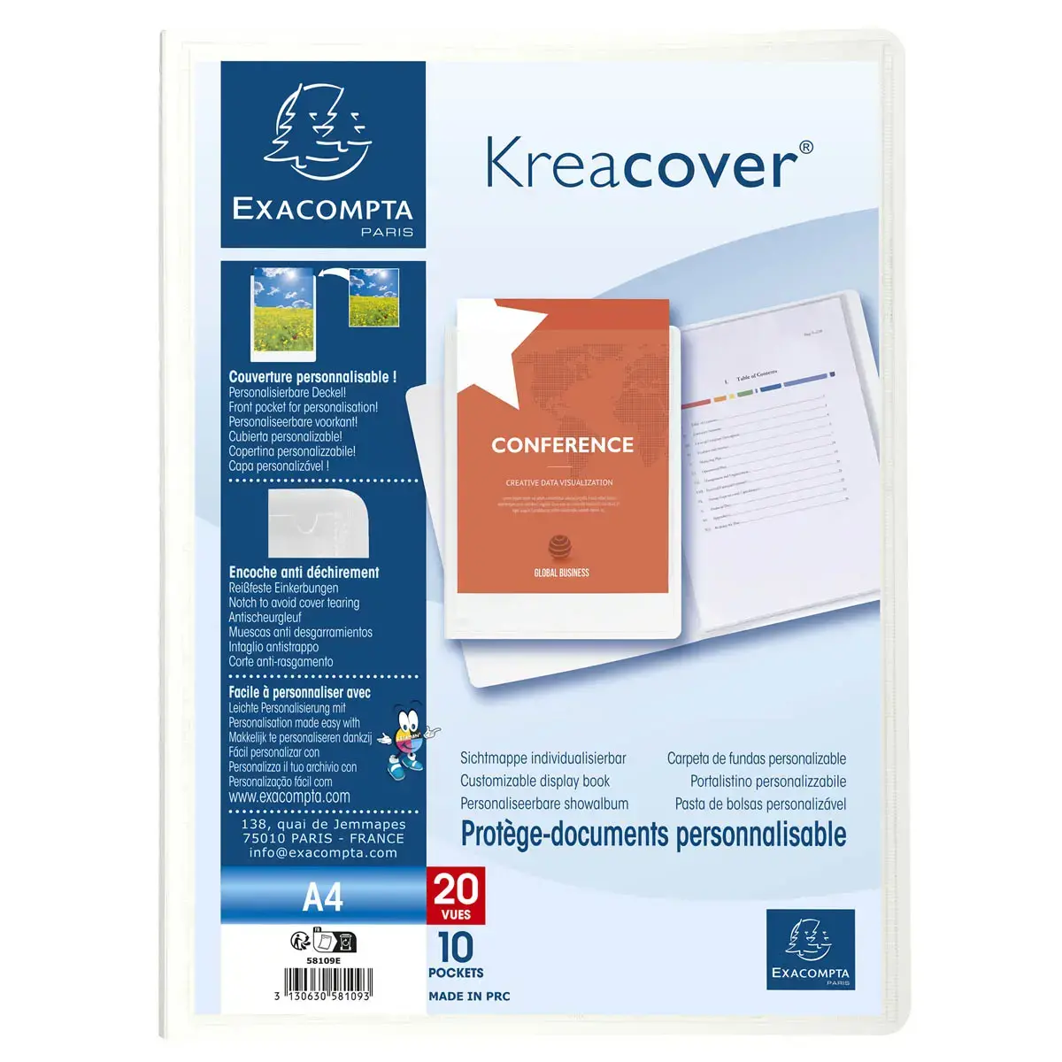 Prot&egrave;ge-documents en polypropyl&egrave;ne rigide Kreacover&reg; 20 vues - A4 - Blanc - EXACOMPTA photo du produit