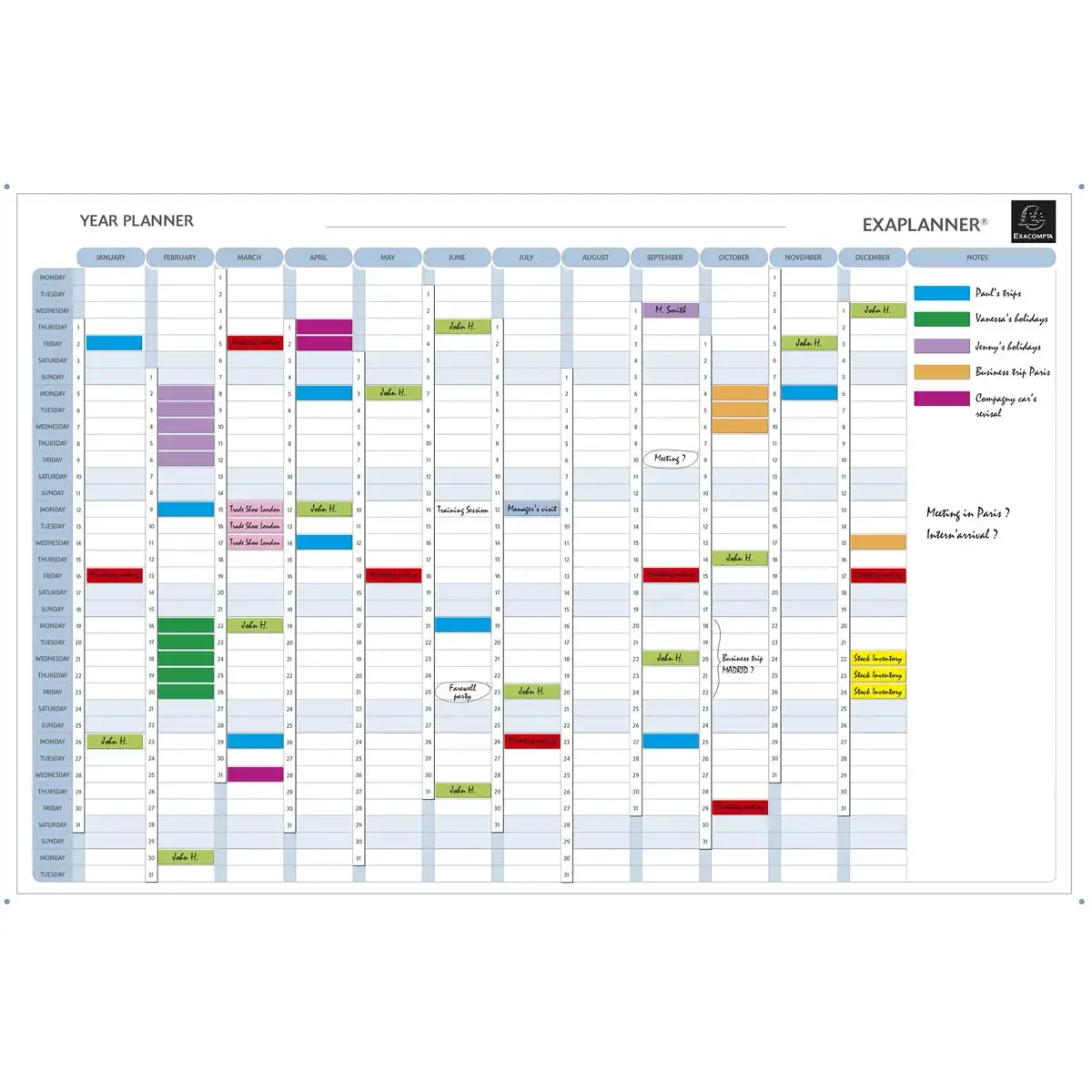Planning magn&eacute;tique annuel - textes en anglais - Blanc - EXACOMPTA photo du produit