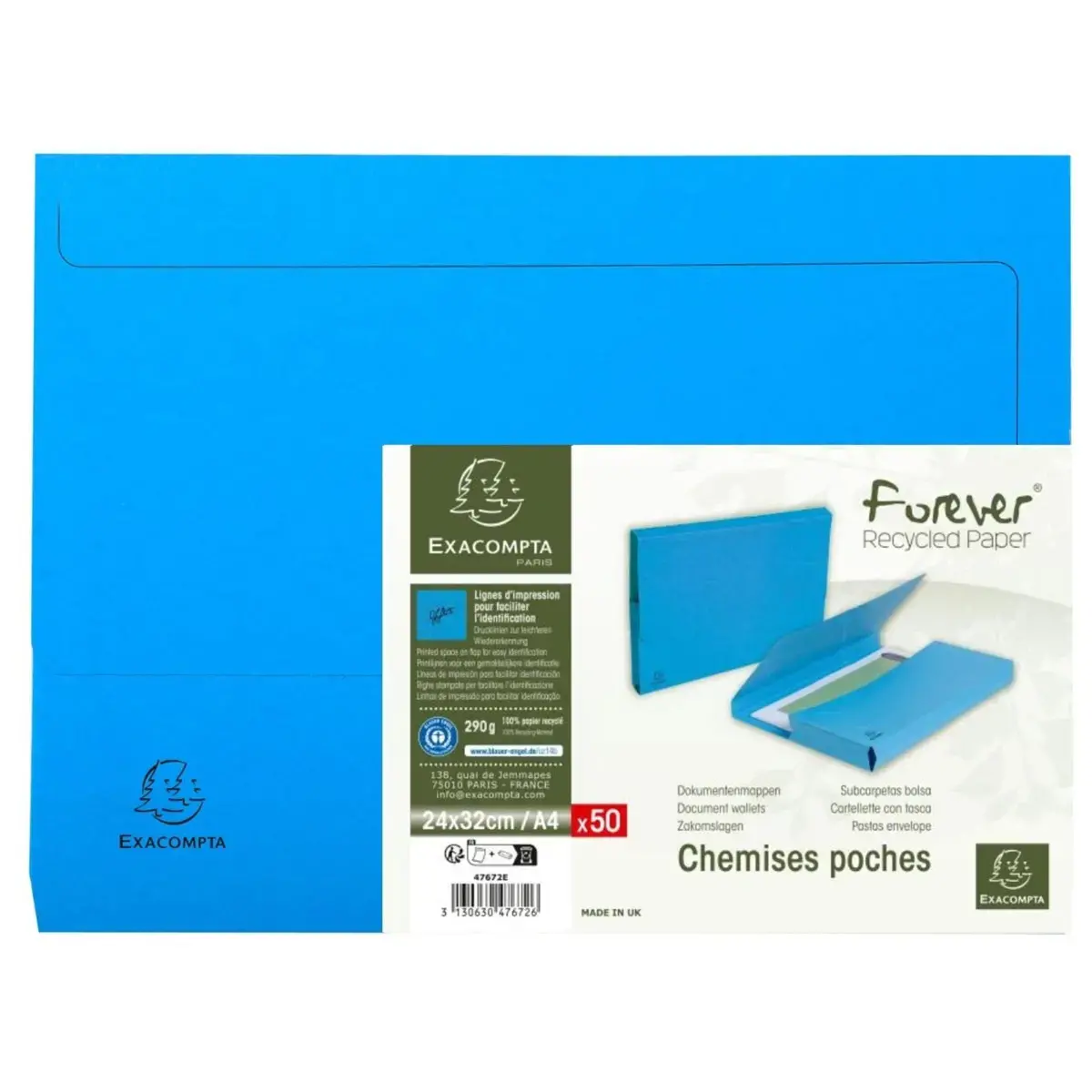 Pt 50 chemises poche FOREVER A4 bleu photo du produit