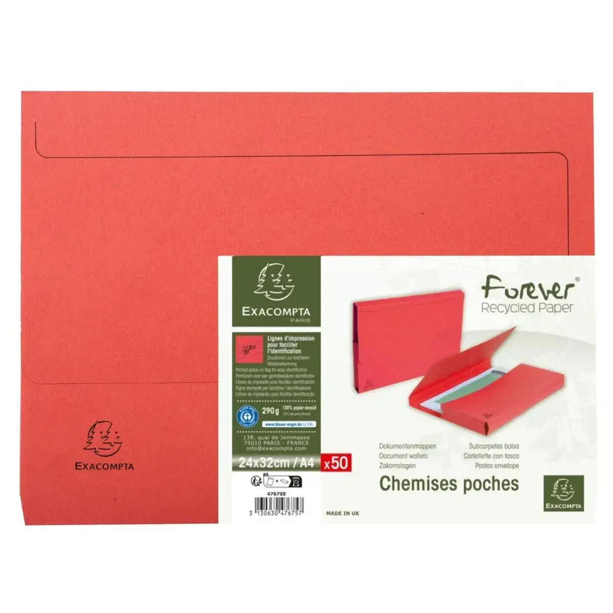 Pt 50 chemises poche FOREVER A4 rouge photo du produit