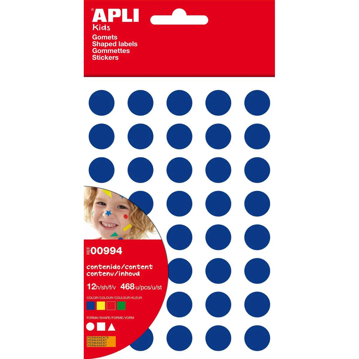 Gommettes formes g&eacute;om&eacute;triques permanentes jaune, bleu, rouge et vert 12 feuilles photo du produit