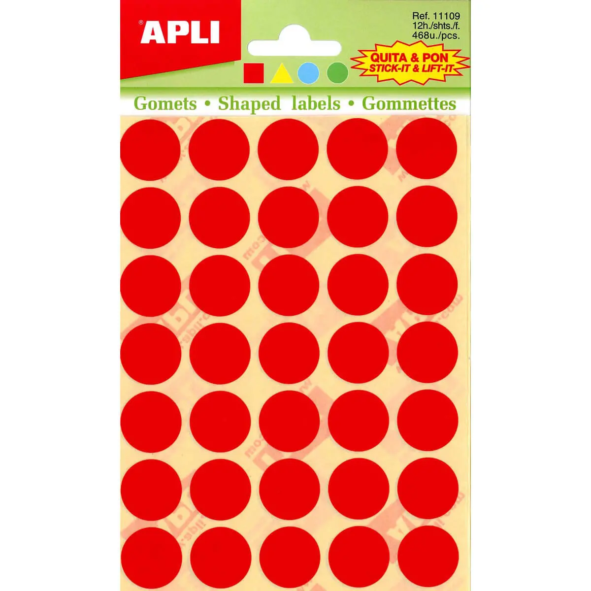 Gommettes formes g&eacute;om&eacute;triques enlevables jaune, bleu, rouge et vert 12 feuilles photo du produit