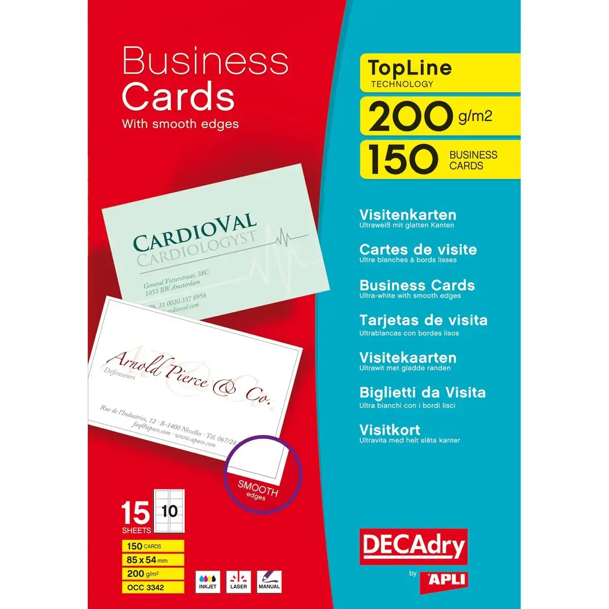 Cartes de visite blanches TopLine 200 g 85 x 54 mm 15 feuillesles - Apli photo du produit