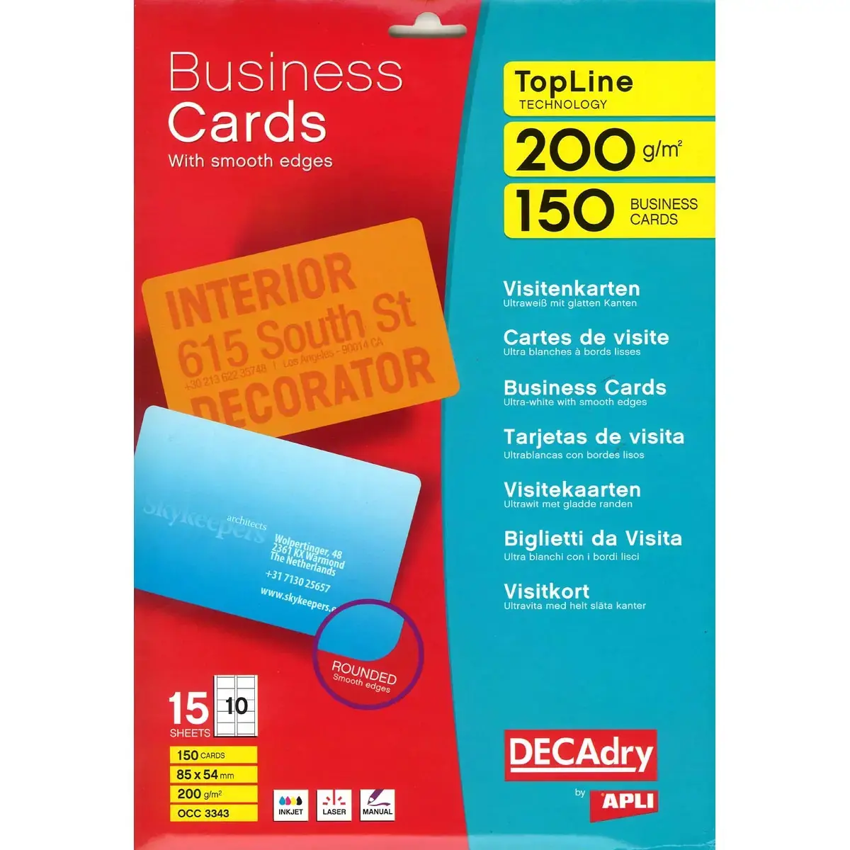 Cartes de visite blanches TopLine 200 g 85 x 54 mm 15 feuillesles - Apli photo du produit