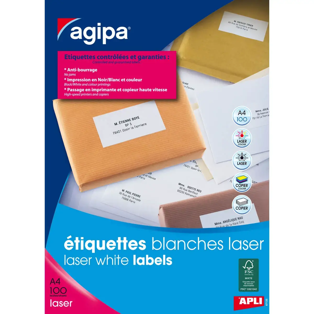 Etiquettes laser blanches permanentes 105 x 72 mm 100 feuillesles - Apli photo du produit