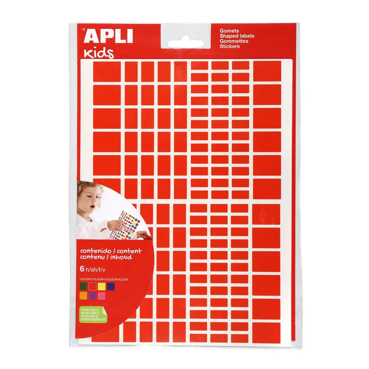 Gommettes enlevables rectangles tailles et couleurs assorties 6 feuillesles - Apli photo du produit