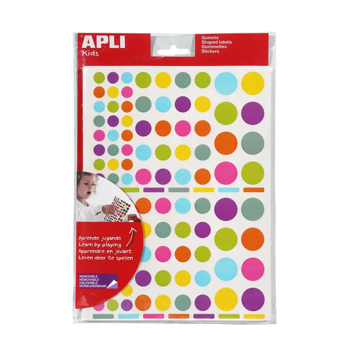Gommettes enlevables rondes tailles et couleurs assorties peps 20 feuillesles - Apli photo du produit
