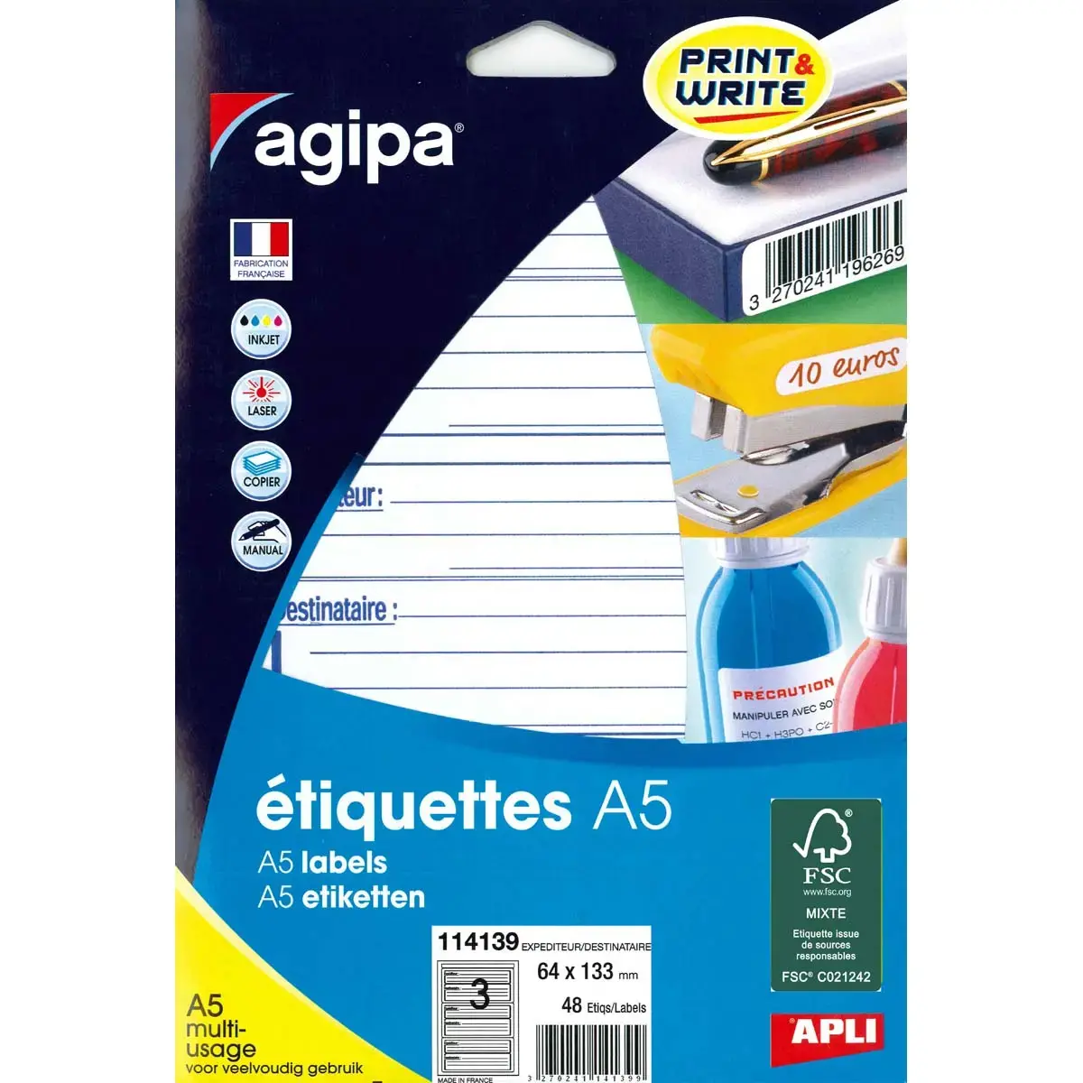 Etiquettes exp&eacute;diteur/destinataire blanches impression bleue multi usage 64x133 mm 16 feuilles photo du produit