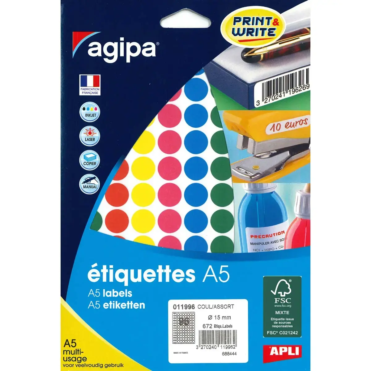 Pastilles couleurs assorties multi usage Ø 15 mm 7 feuilles photo du produit