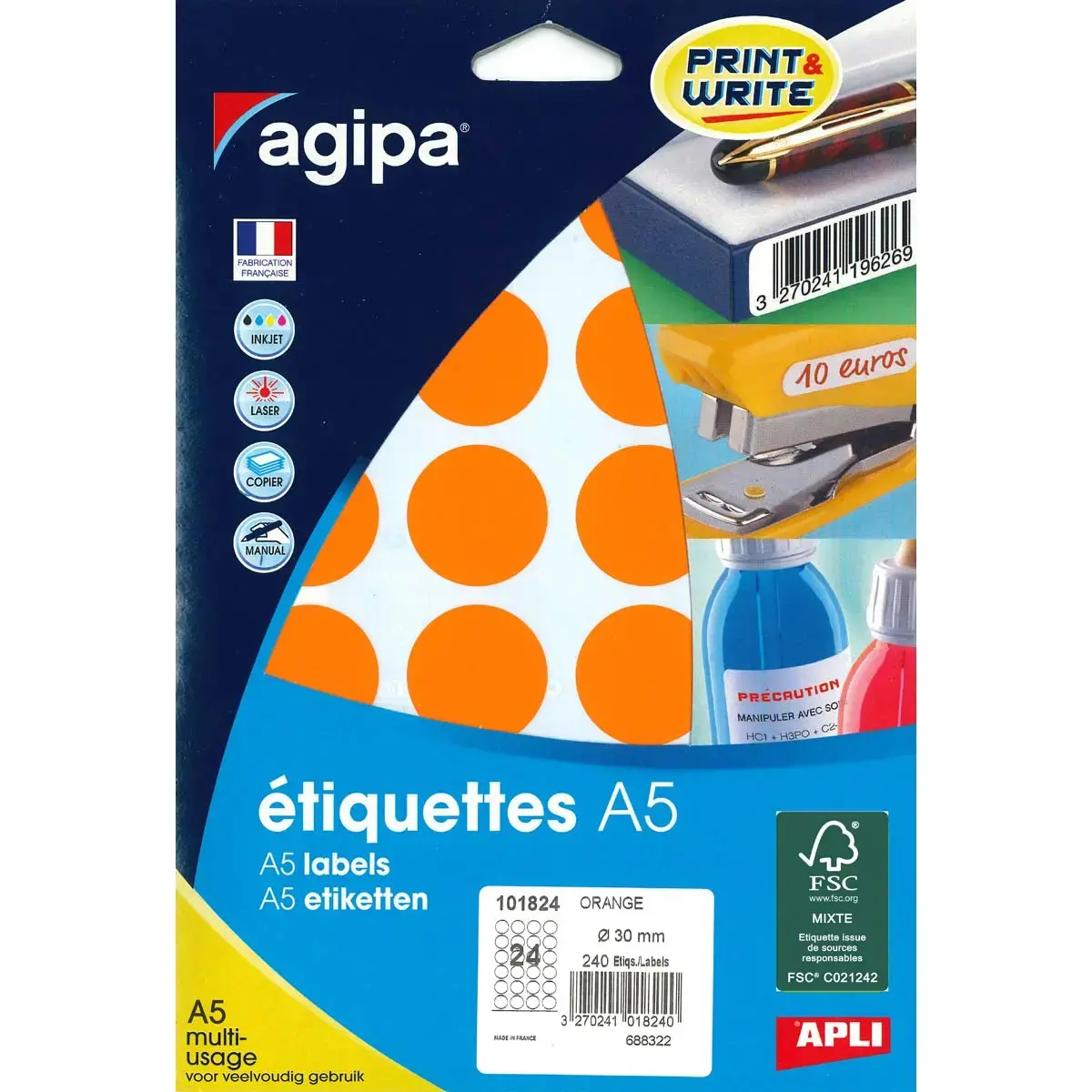 Pastilles orange multi usage &Oslash; 30 mm 10 feuilles photo du produit