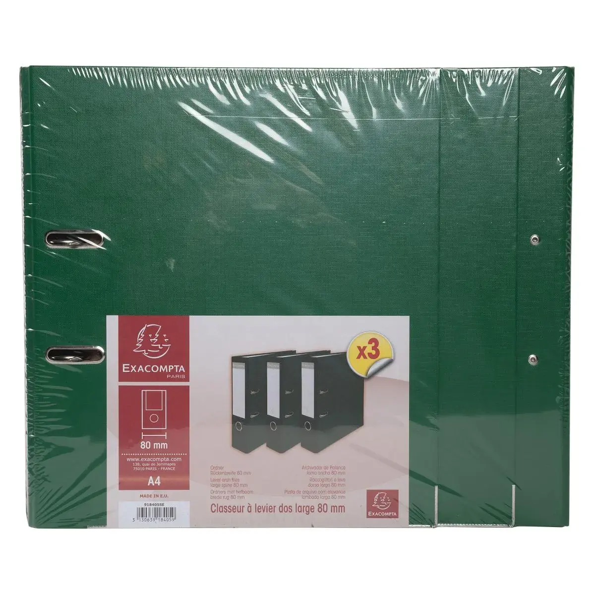 3 Classeurs à levier - Dos 80 cm - A4 - Vert foncé - EXACOMPTA photo du produit