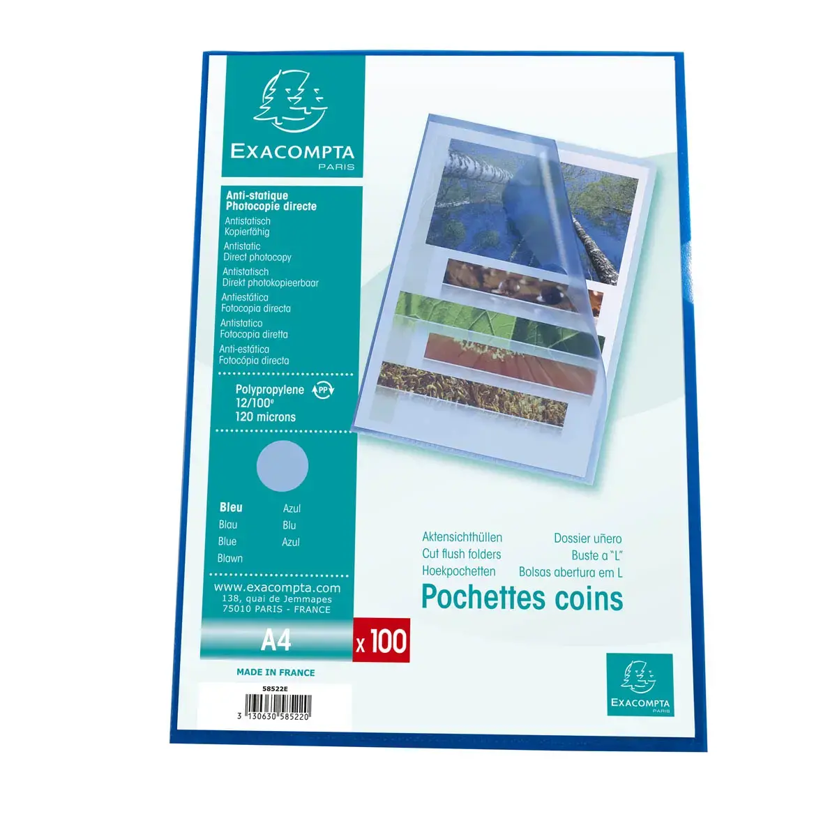 Sachet de 100 pochettes coin A4 en polypropyl&egrave;ne grain&eacute; standard - Bleu - Exacompta photo du produit