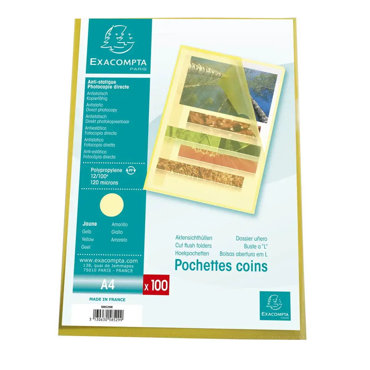 Sachet de 100 pochettes coin A4 en polypropyl&egrave;ne grain&eacute; standard - Jaune - Exacompta photo du produit