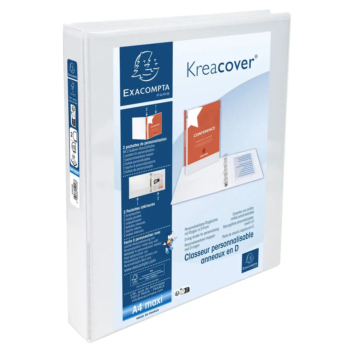 Classeur personnalisable KreaCover 2 anneaux 25 mm 2 poches - Blanc - Exacompta photo du produit