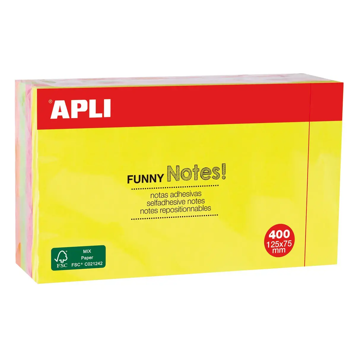 Notes adhésives Funny 4 couleurs fluo - 125 x 75 mm - bloc de 400 feuilles - Apli photo du produit