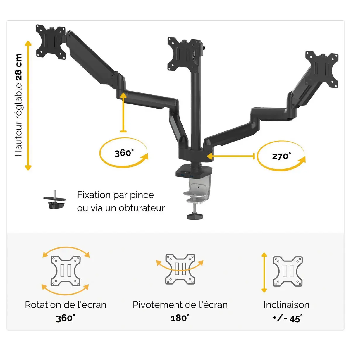 Bras porte-&eacute;crans triple Platinum - Noir - FELLOWES photo du produit