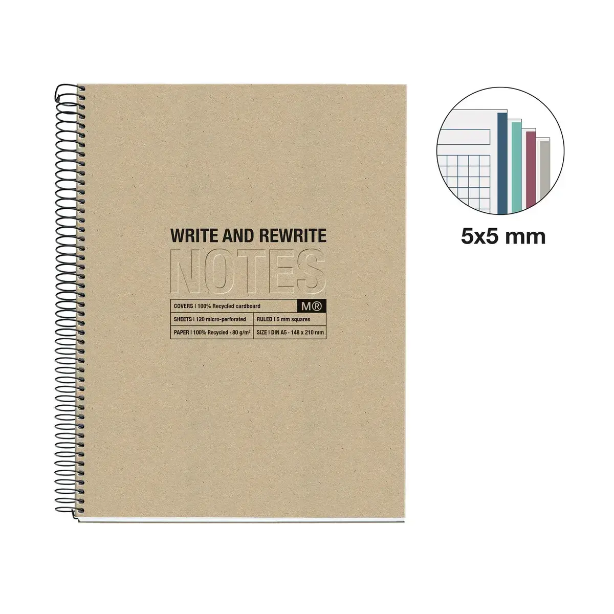 Notebook Eco Design Recycl&eacute; A5 Quadri. 5x5mm 120feuil. 4coul. Kraft photo du produit