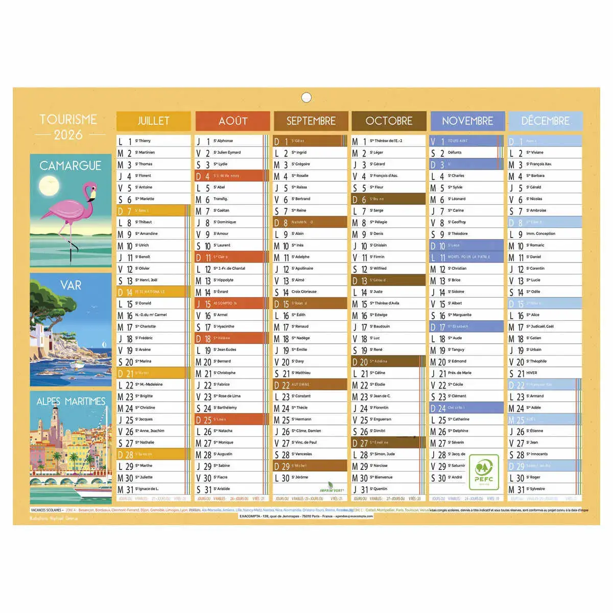 Calendrier 29,5 x 22 Tourisme 6 mois photo du produit