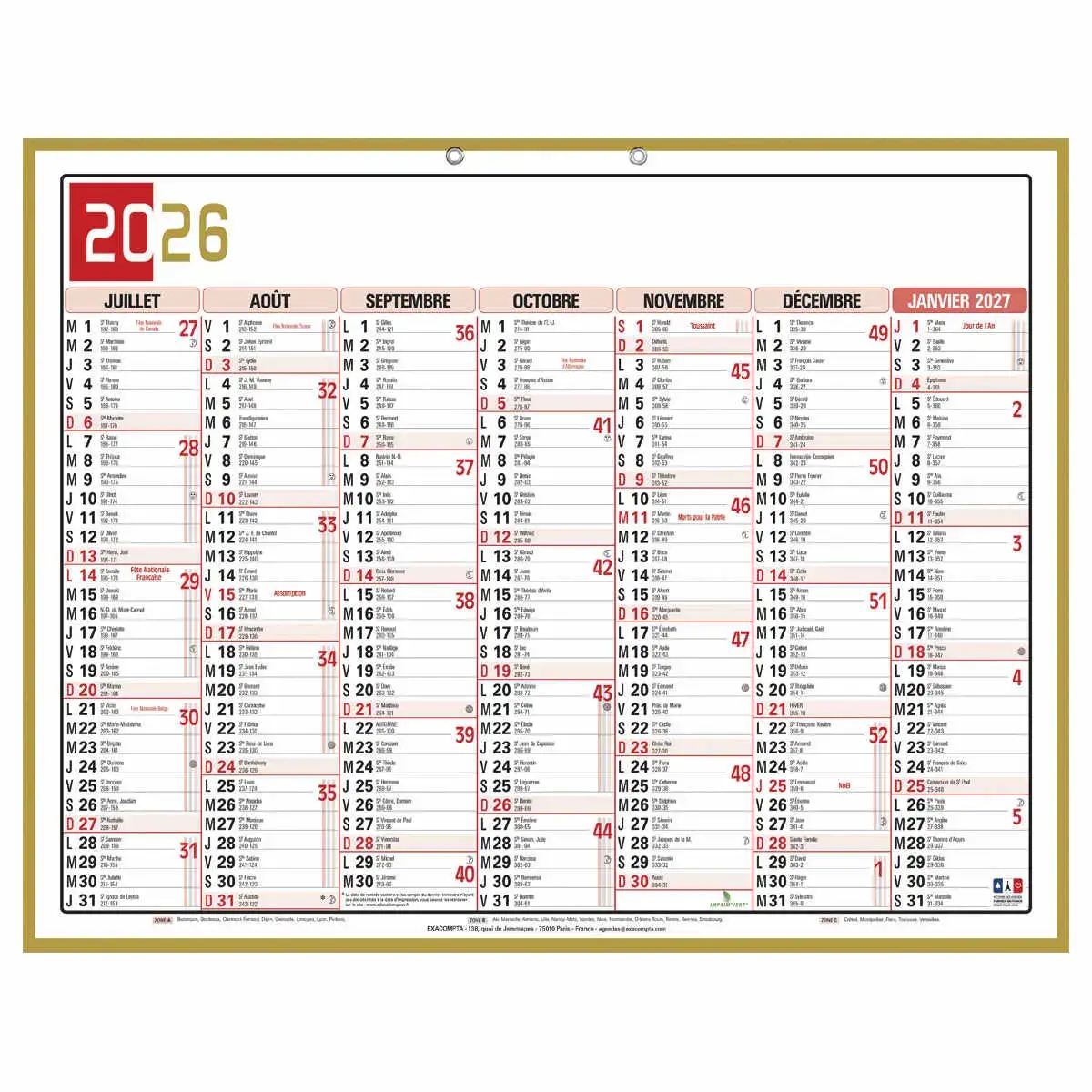 Calendrier banque 43 x 33,5 Tricolore photo du produit