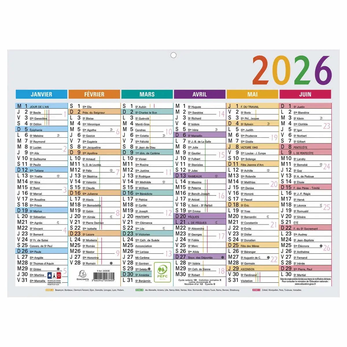 Calendrier 29,5x22 Multicolore 6 mois photo du produit