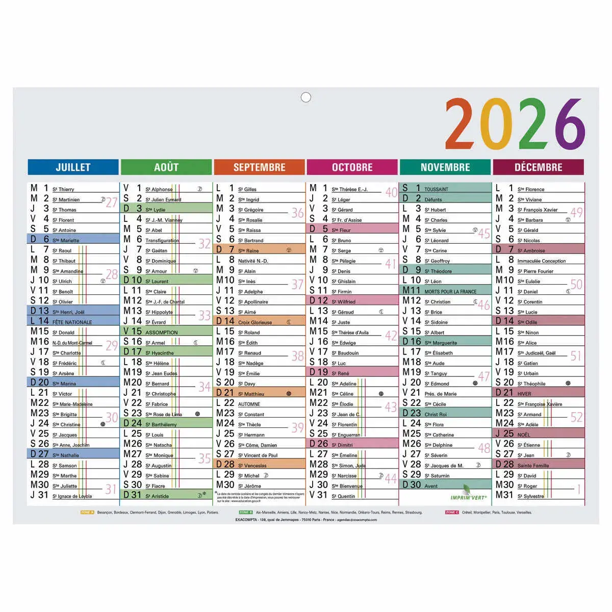 Calendrier 29,5x22 Multicolore 6 mois photo du produit