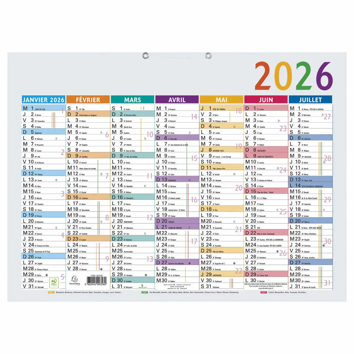 Calendrier 55 x 40,5 Multicolore 7 mois photo du produit