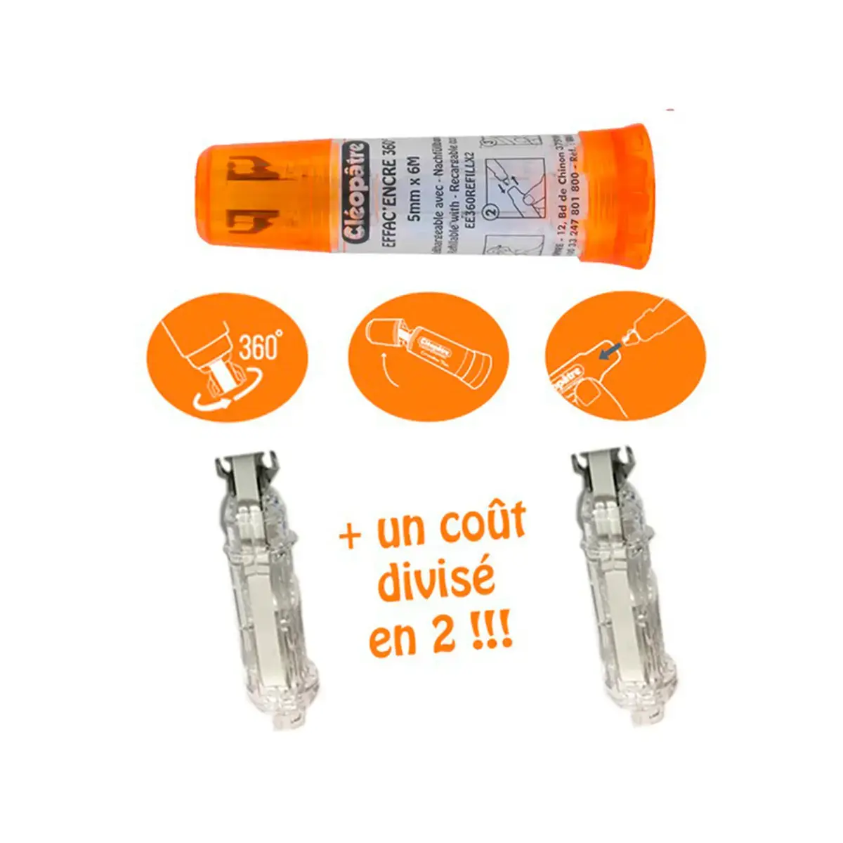 Effaceur d'encre correcteur rechargeable tete rotative 360° - Cleopatre photo du produit