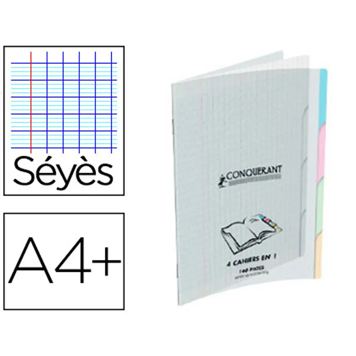 Cahiers piquûre classique 4 en 1 a4 + 140 pages - 90g- seyes - Conquerant photo du produit