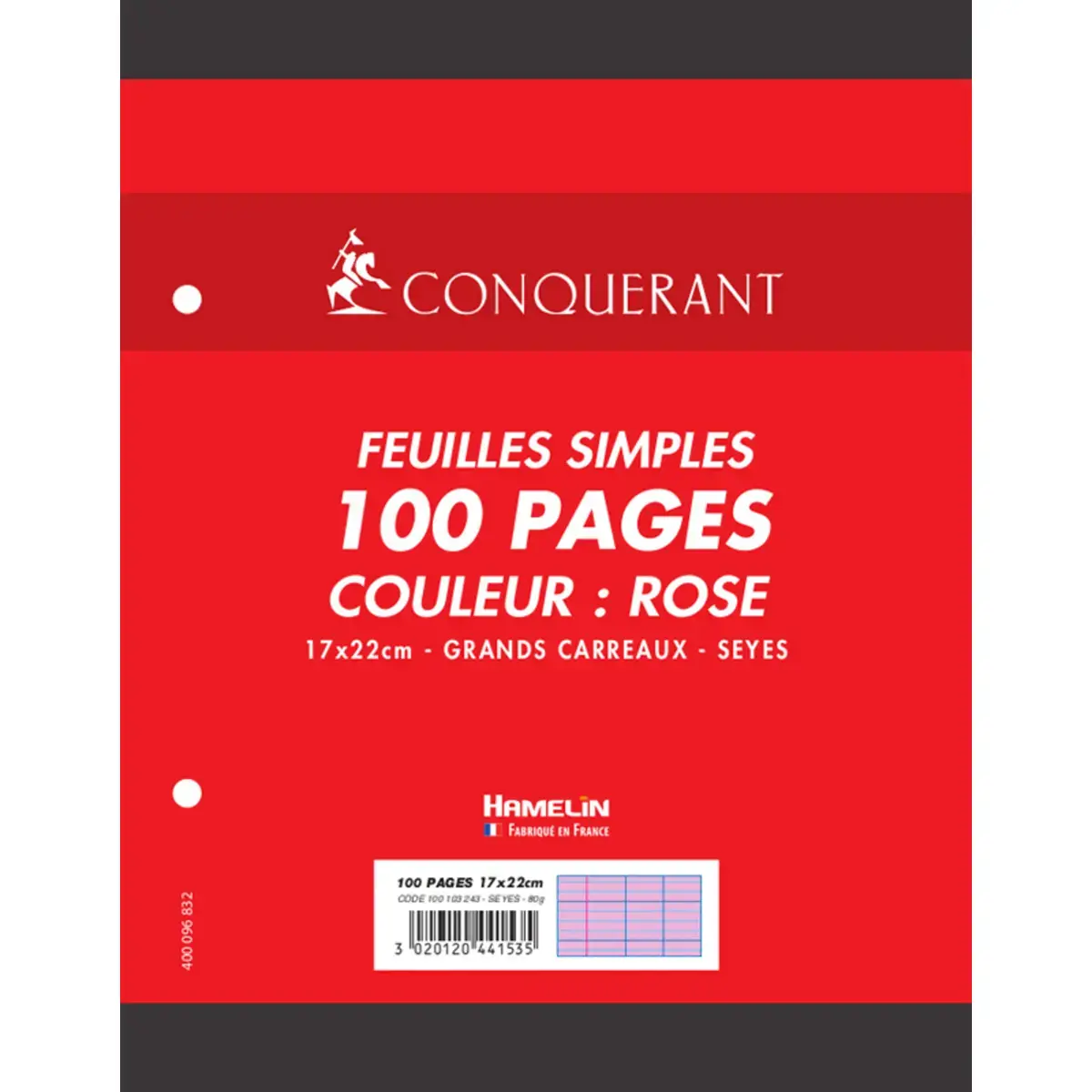 Feuilles simple 7 perforees 170x220mm rose paquet 100 unit&eacute;s - Conquerant photo du produit